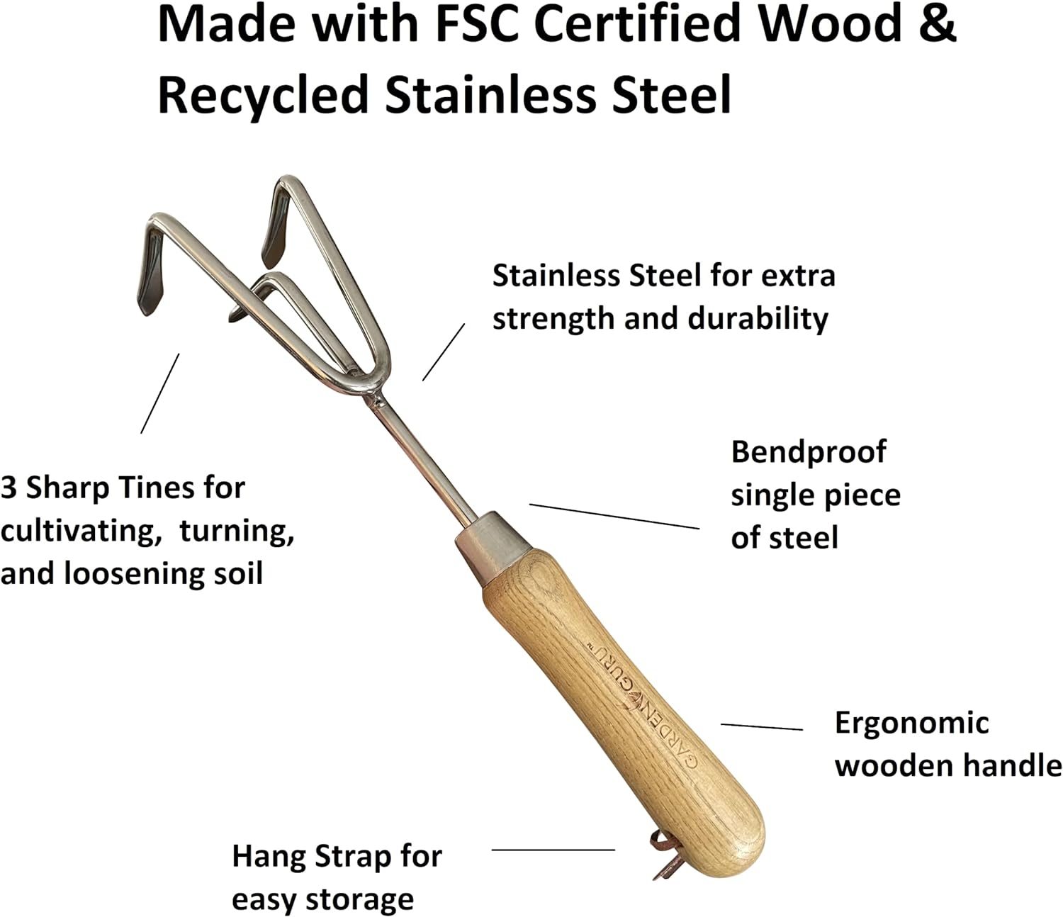  Garden Guru Lawn & Garden Tools Hand Cultivator Rake Tiller with FSC Wood Handle FSCCULTVTR The Green Thumb Club